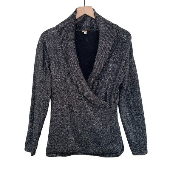 REBA - BLACK & SILVER METALLIC LONG SLEEVE WRAP SWEATER SZ L - Picture 1 of 7